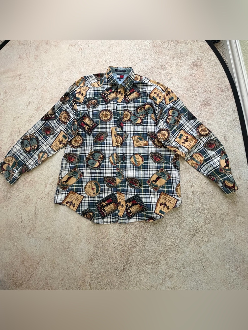 Vintage Tommy Hilfiger Plaid Button-Down Shirt with Multicolor Golf Crest Prints